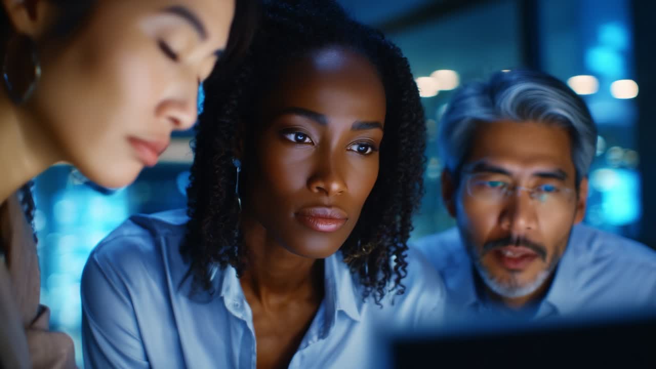 Group of Diverse Professionals Engaged in a Collaborative Meeting, Analyzing Data Together in a High-Tech Office Environment, Highlighting Teamwork and Effective Communication in Modern Business