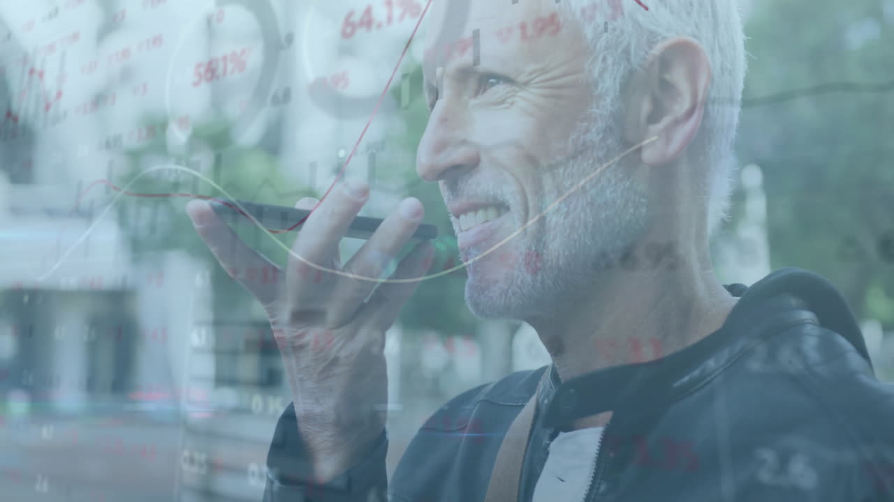 Animation of financial data processing over caucasian man using smartphone
