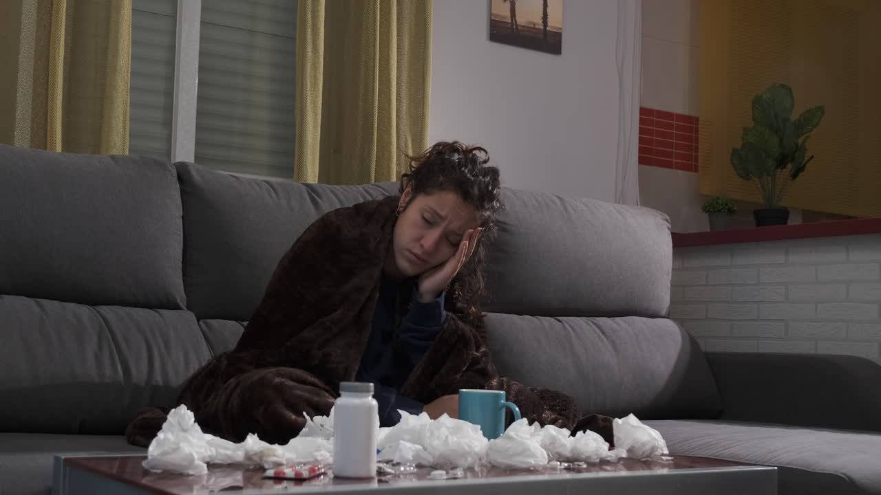 Young woman sick on the sofa at home, blowing her nose with handkerchiefs. Pills, tissues and a cup on the table