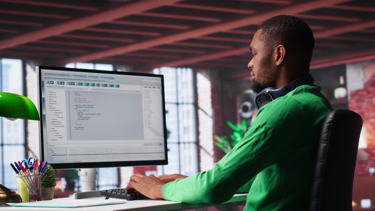 Tech savvy black engineer developing secure online program at home