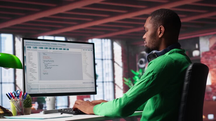 Tech savvy black engineer developing secure online program at home