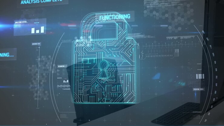 Animation of digital padlock with integrated circuit and data processing over computers in office