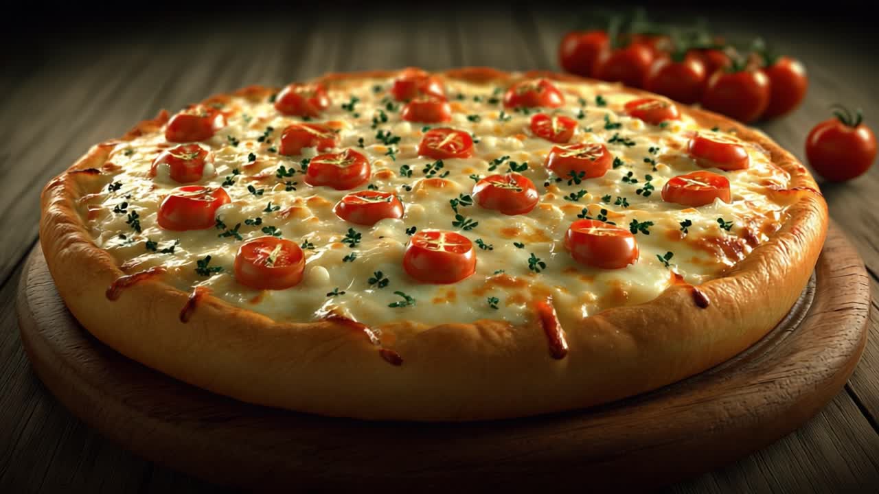 Deliciously Baked Pizza with Melting Cheese and Fresh Tomatoes on a Wooden Board Captured in a Beautifully Lit Scene