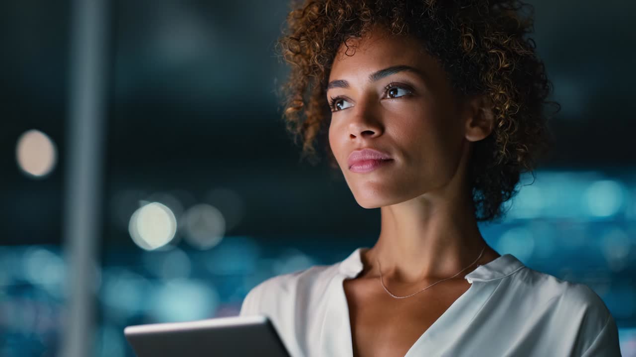 A thoughtful woman with curly hair reflects in a modern, softly lit setting while holding a tablet, exuding confidence and determination as she engages with her digital device in a serene yet dynamic environment
