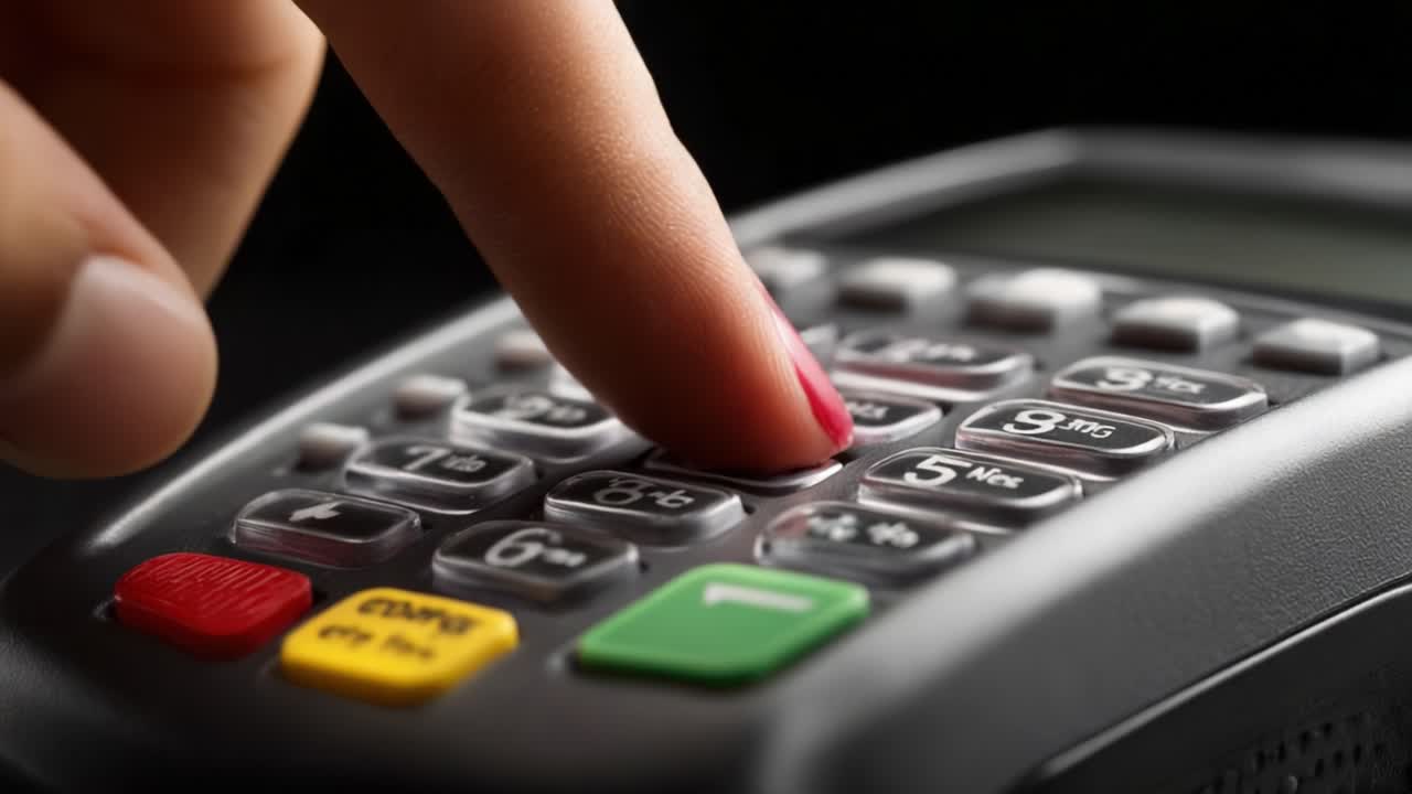 A close-up view of a user interacting with a payment terminal, emphasizing the action of entering digits on the keypad, showcasing modern transaction technology in use for secure payments