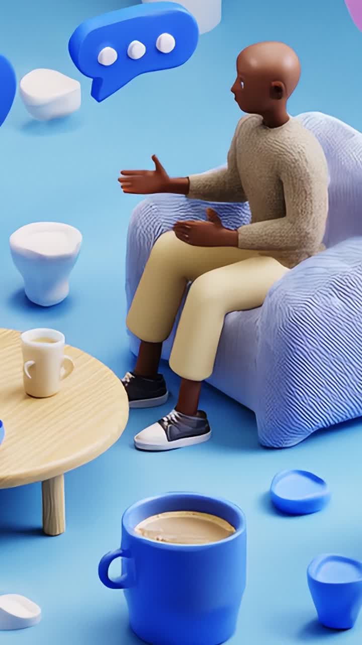 A cozy animated scene depicting a conversation between two figures in a vibrant environment filled with playful shapes and colorful objects around them