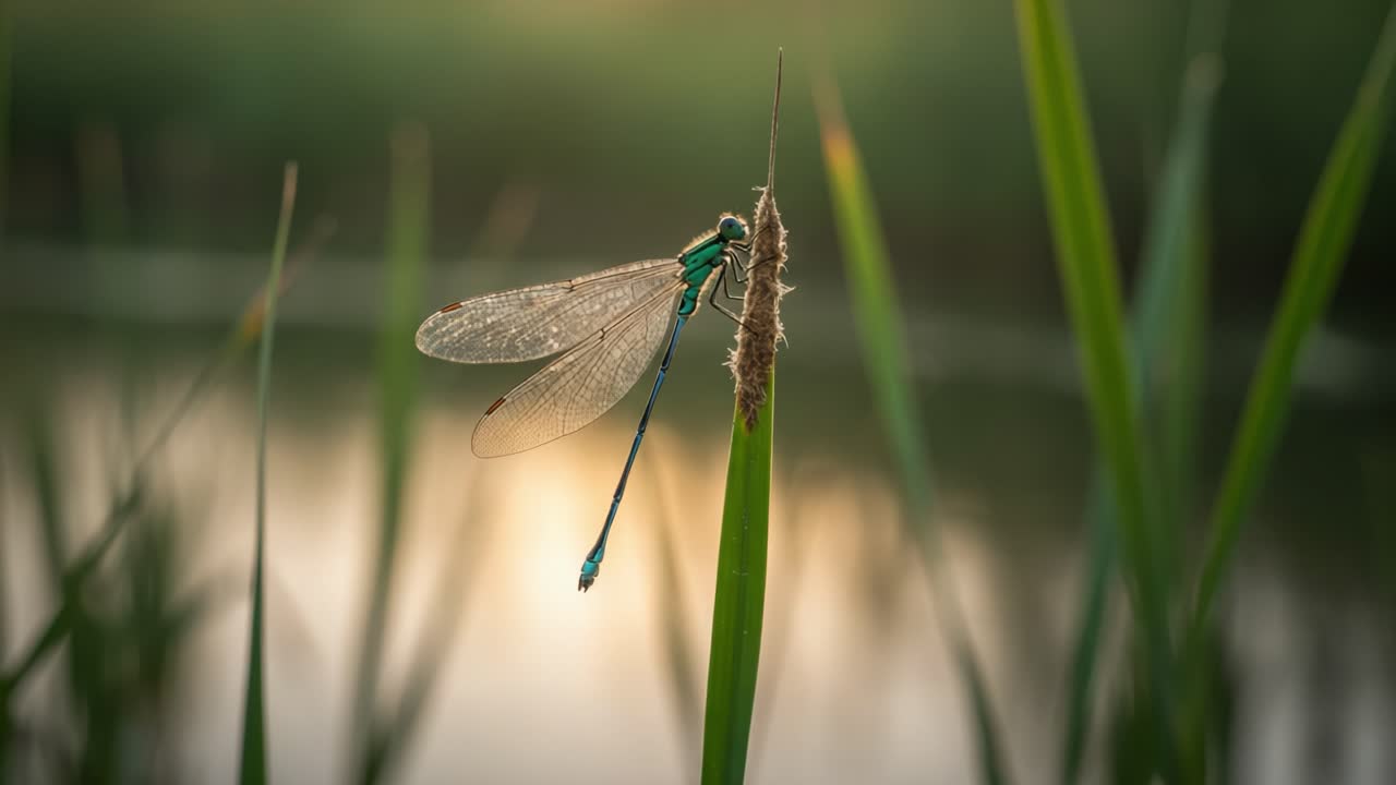 A Beautiful Close-Up of a Dragonfly Resting on a Blade of Grass Surrounded by Sparkling Water at Dusk, Capturing the Essence of Nature's Tranquility