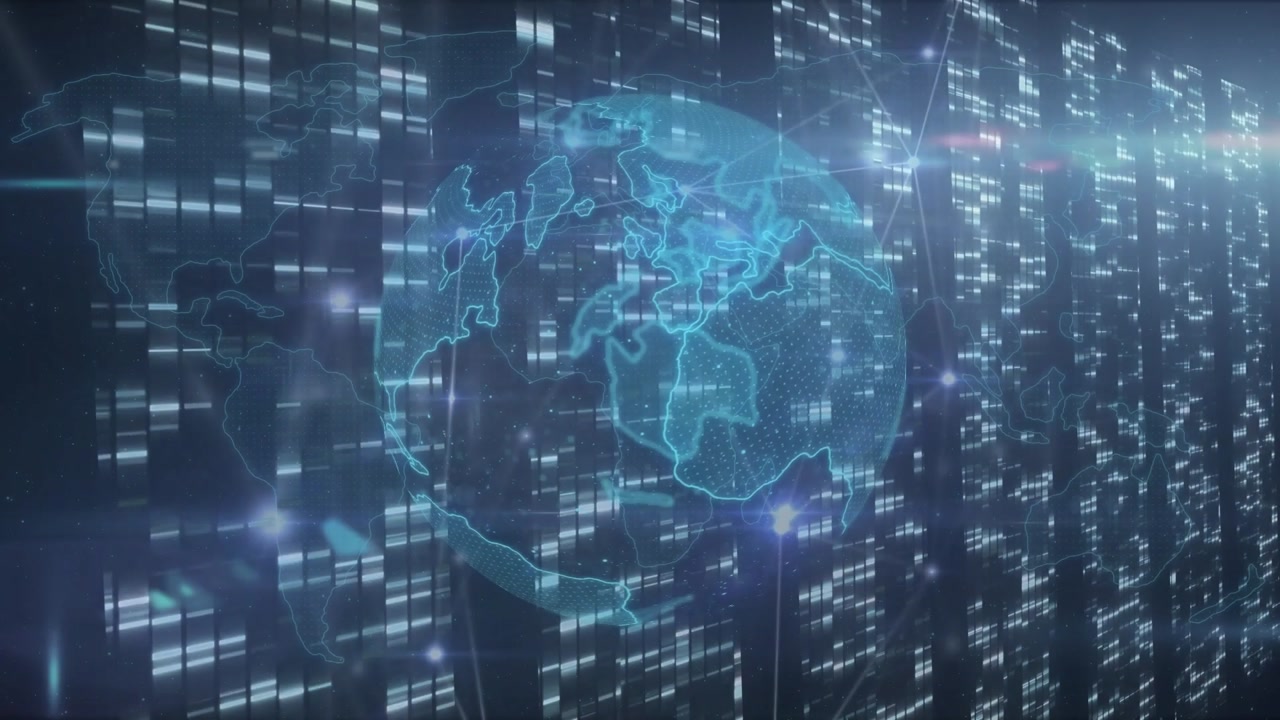 Animation of globe and data processing over computer servers