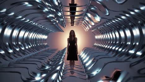 woman standing in a futuristic metallic corridor