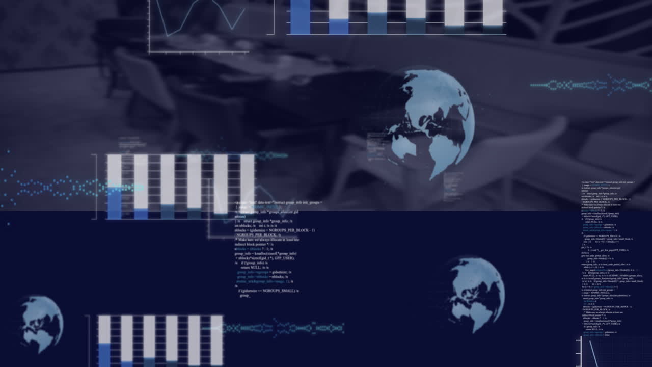 Graphs and globe animation over abstract dark background with data processing