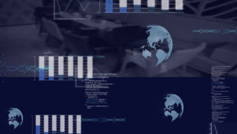 graphs and globe animation over abstract dark background with data processing