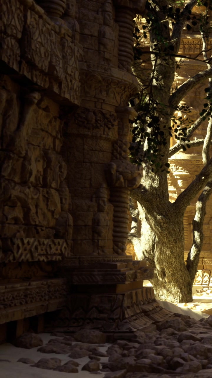 Vecchia struttura in pietra con un grande albero illuminata dal sole in un sito storico