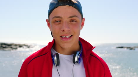 gen z teenager, beach and face with headphones