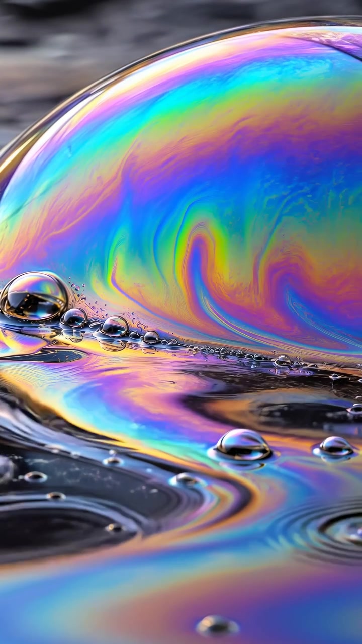 Colori di interferenza iridescenti si spostano su una pellicola di sapone lucida mentre piccole goccioline arrotondate rivestono la superficie scura, formando curve fluide e vivaci motivi stratificati in primo piano