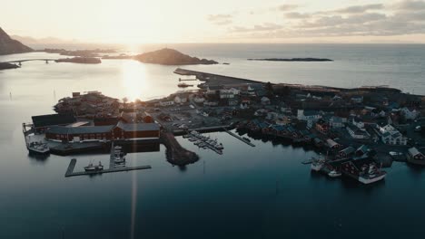 reine fishing village at sunrise in nordland, lofoten, norway. - aerial shot