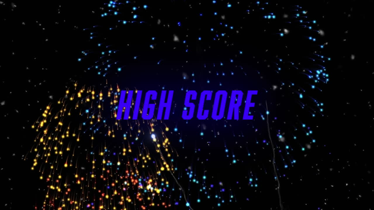 검은 바탕에 불꽃놀이 위에 높은 점수 텍스트의 애니메이션