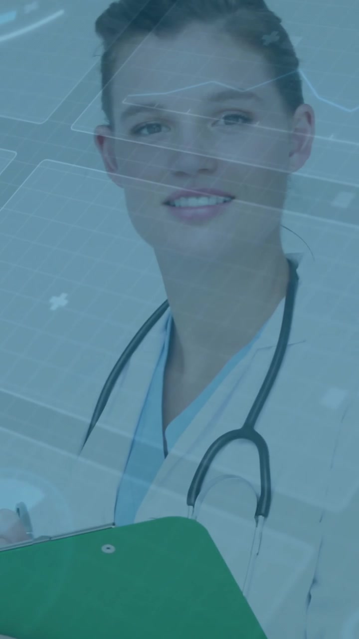Animación de análisis de datos médicos sobre un médico sosteniendo un portapapeles y sonriendo