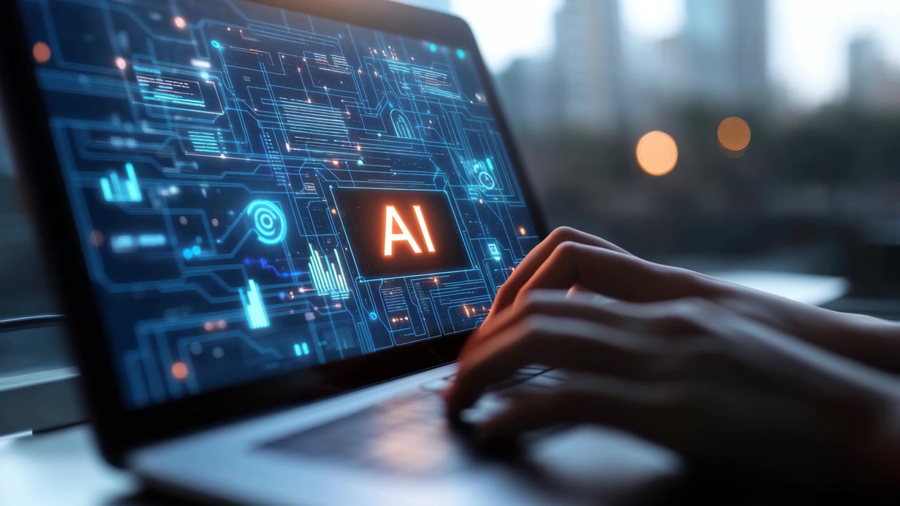 Person Typing on Laptop with Artificial Intelligence Interface