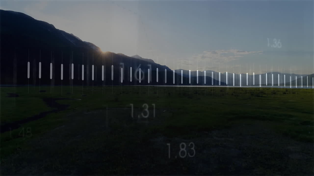 Sunset over mountains with animated measurement scale overlaying landscape scenery