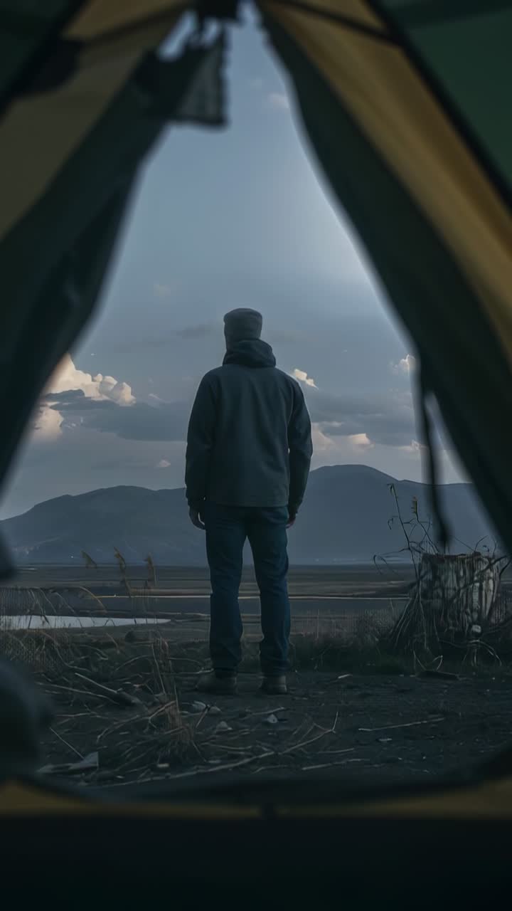 Vertical video: Standing male camper scanning shoreline horizon from tent opening, wearing hoodie