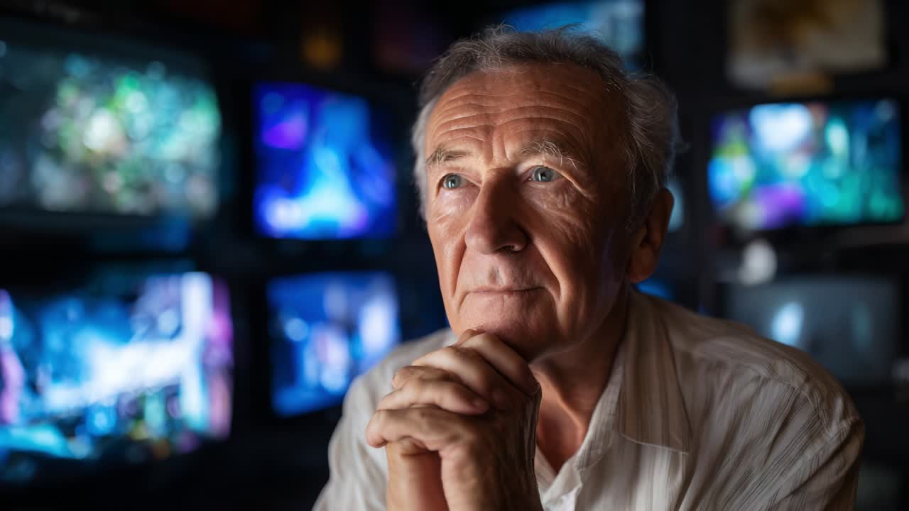 Reflective Elderly Man Contemplating in Front of Multiple Televisions with Colorful Visuals, Symbolizing Thoughts, Memories, and the Passage of Time in a Modern Digital Age