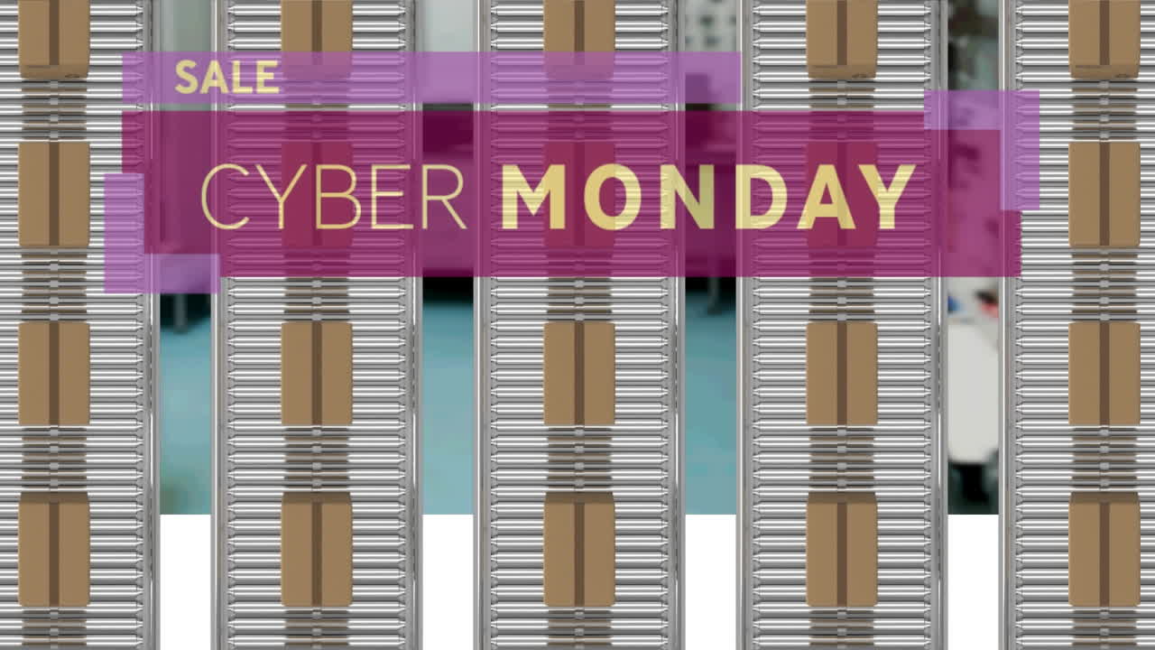 컨베이어 벨트에 있는 카드보드 상자 위에 있는 사이버 월요일 판매 텍스트의 애니메이션