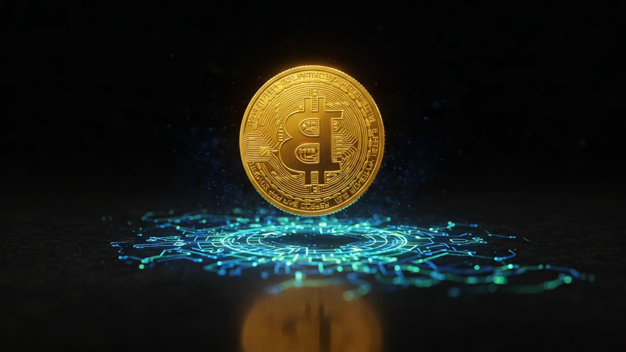Illuminated Bitcoin Coin Hovering Above a Futuristic Digital Pattern, Representing the Intersection of Cryptocurrency and Advanced Technology in a Dark Environment
