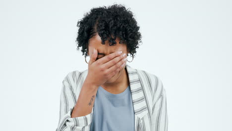 crying, depression and face of sad woman in studio