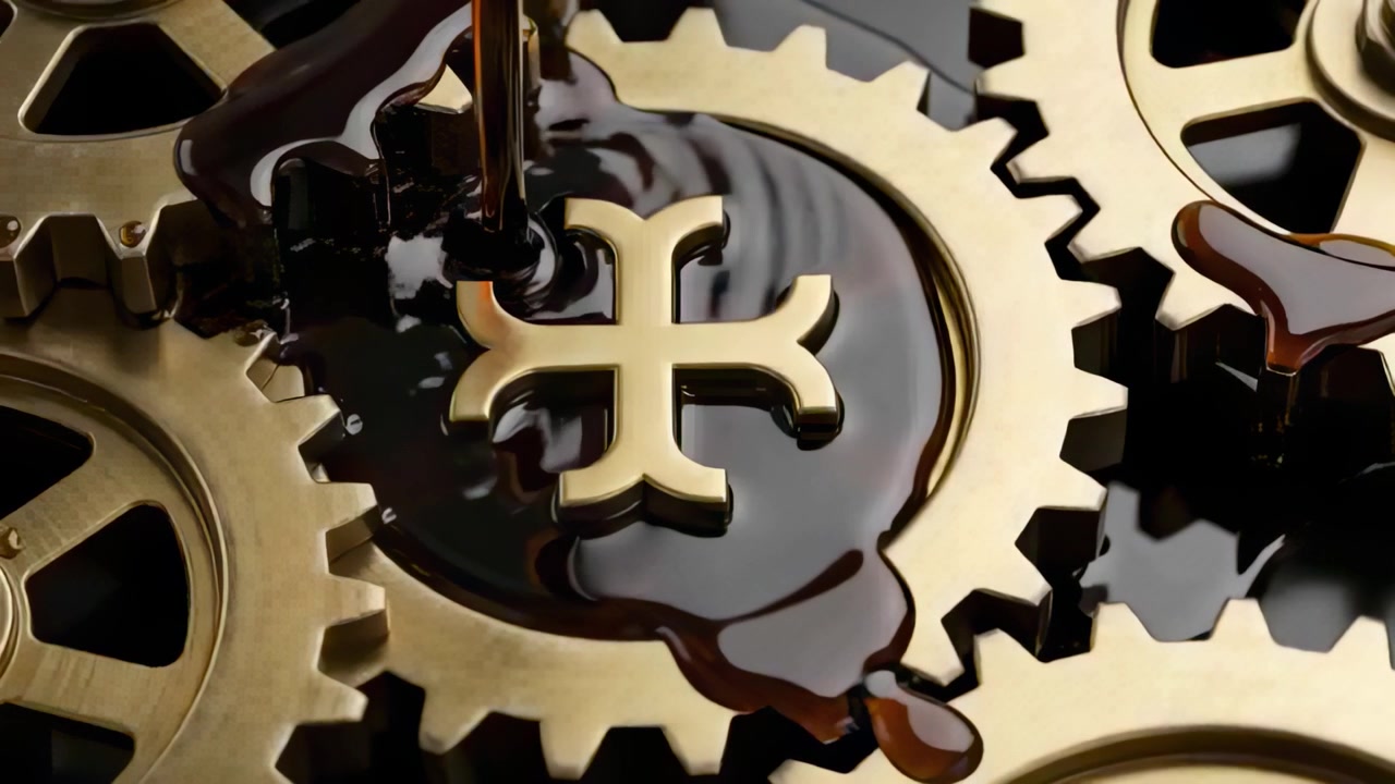 Pouring spout coating central gear with cross emblem with dark liquid at studio macro as lubricant
