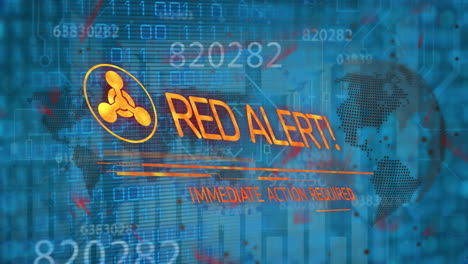 animation of red alert text banner and statistical data processing against blue background