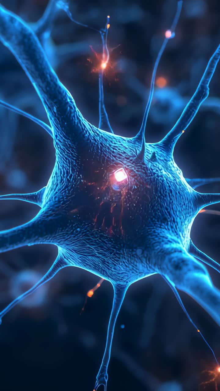 Vertical video: Sparkling along neuron dendrites charging soma and sending pulses in neural tissue