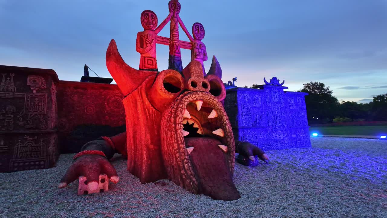 Panning movement about the artistic Robert Tatin sculpture head and its parkside, Mayenne, France.