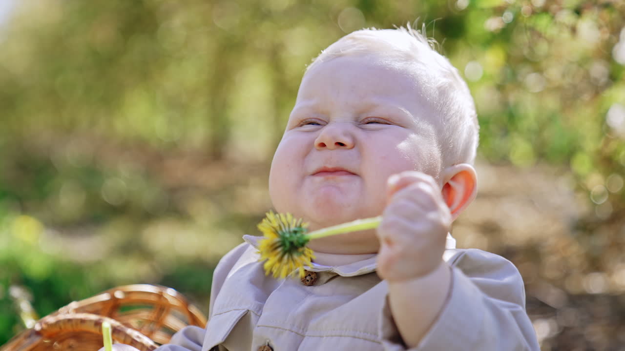 Lovely funny little kid holding a dandelion and puts it to his mouth. Portrait of an infant sitting outdoors at blurred backdrop.