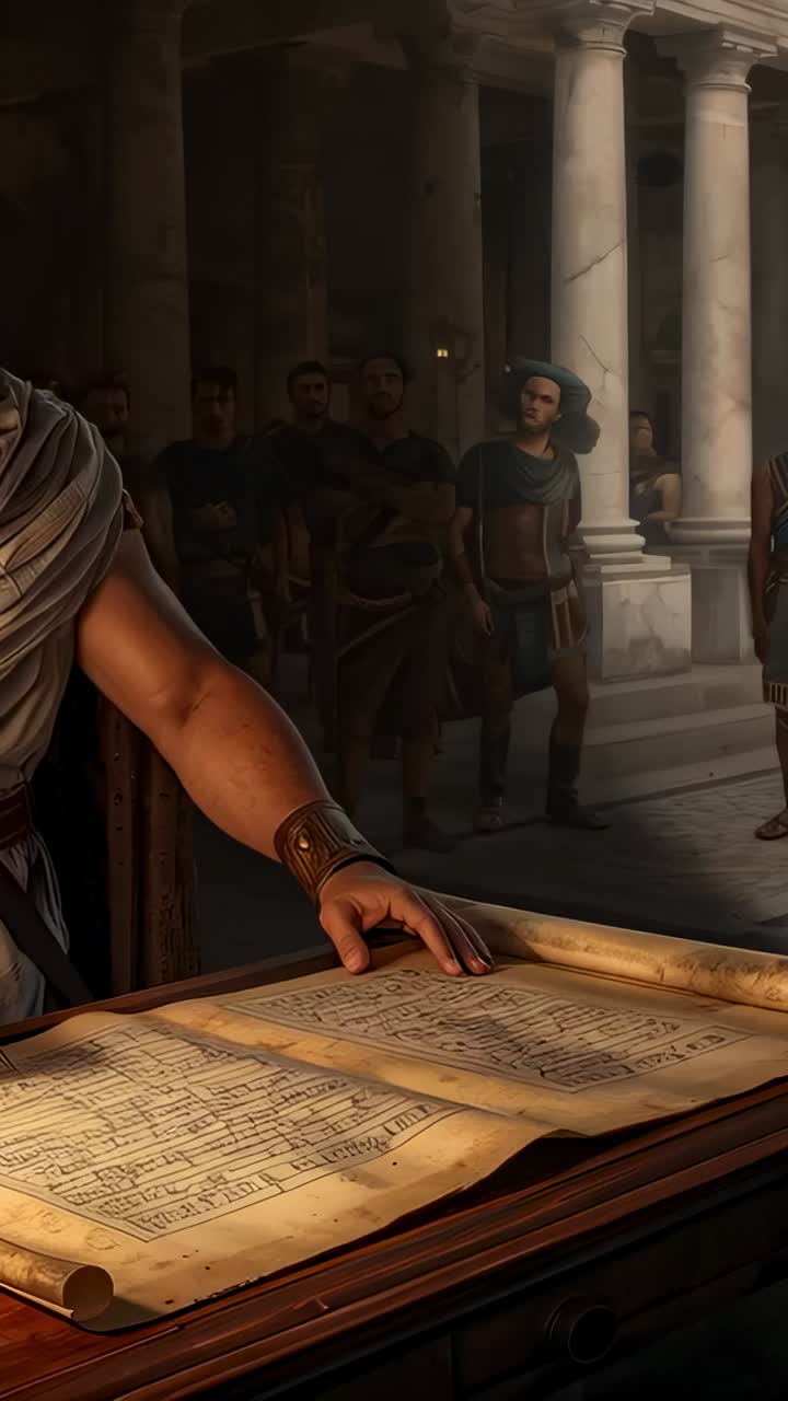 Vertical video: Camera opening on scribe in toga signing scroll in Roman hall with guards watching