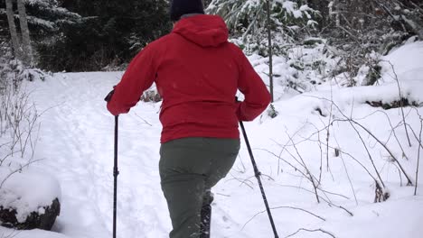 man snowshoeing up a trail