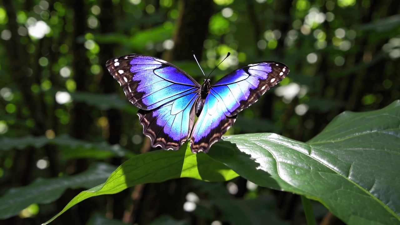 Farfalla Morpho blu iridescente che batte le ali su una foglia verde