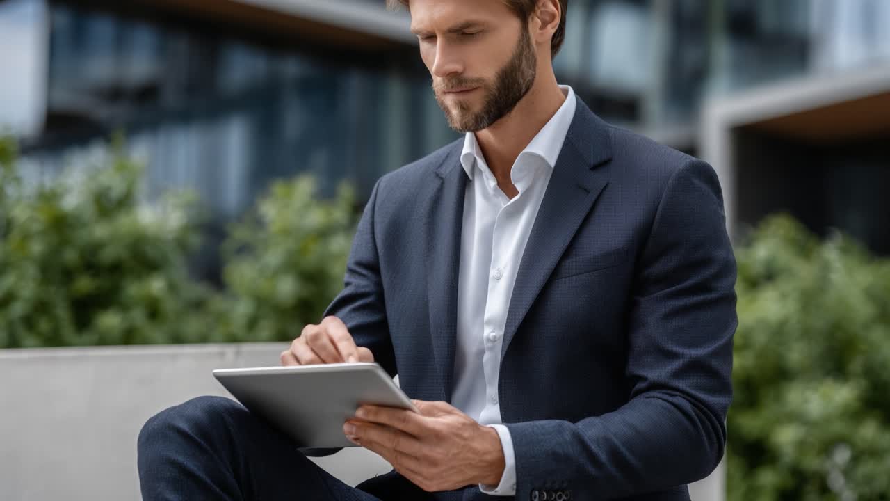 A focused professional engrossed in using a tablet, highlighting modern technology's role in business and daily life, set against a contemporary architectural backdrop