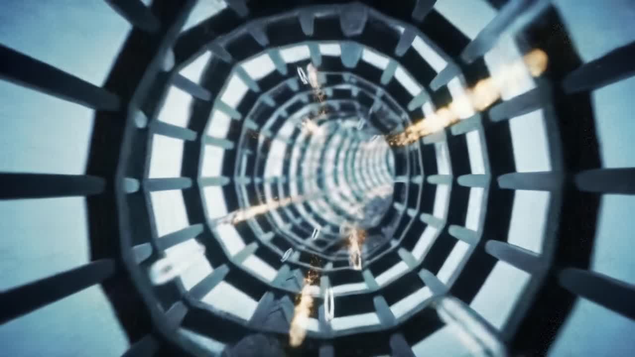 A Descending Journey Through a Futuristic Spiral Tunnel Emphasizing Depth, Light Reflections, and Textural Patterns in a Visually Engaging Experience