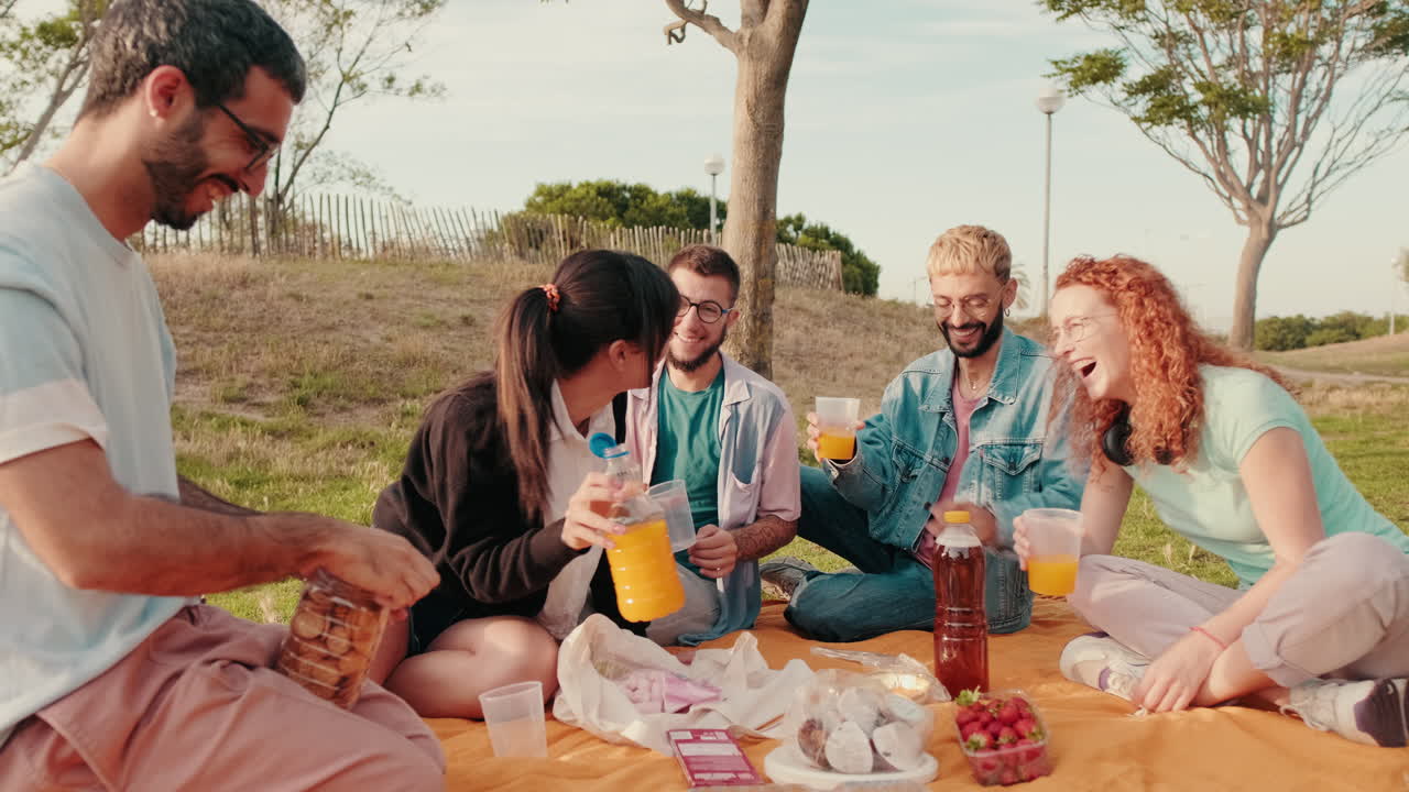 친구 들 이 공원 에서  이 비는 피크닉 을 즐기고 있다