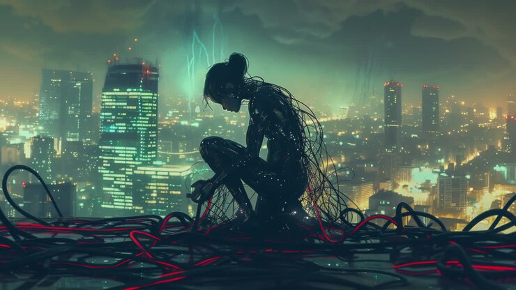 robot cyborg in dystopian cityscape made with AI generative art