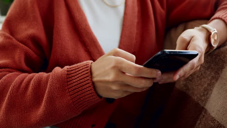 Woman-hands,-sofa-and-phone-for-social-media