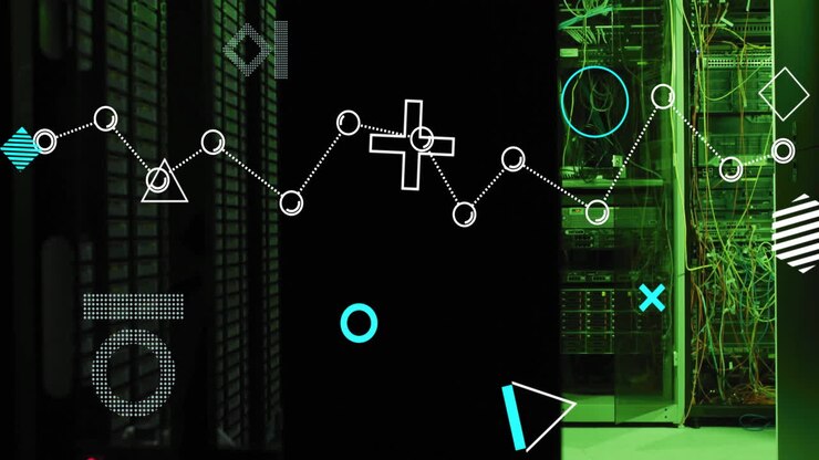 Animation of rotating shapes and network over dark computer servers