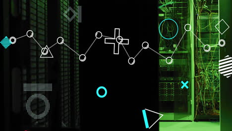 animation of rotating shapes and network over dark computer servers