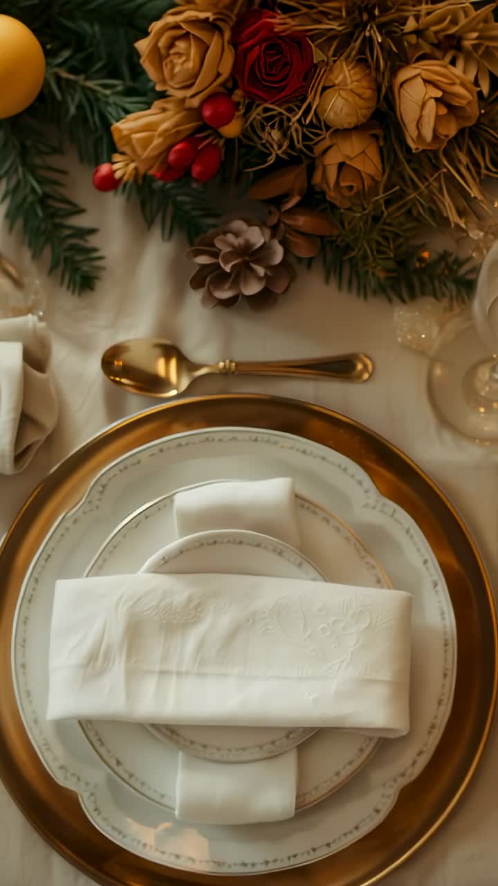 Vertical video: Folding hands aligning white napkin on home dining table with gold charger