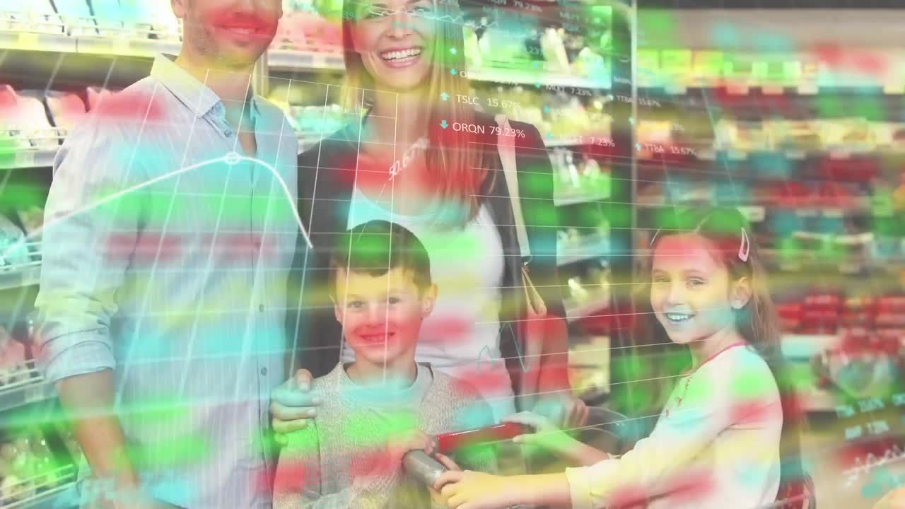 animación de gráficos y procesamiento de datos sobre una familia caucásica en un supermercado