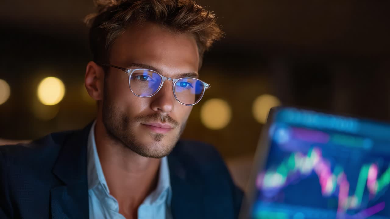 Focused Young Man Analyzing Stock Market Trends on Laptop Screen at Night with Illuminated Charts and Graphs, Showcasing the Essence of Modern Financial Analysis and Investment Strategy in the Digital Age