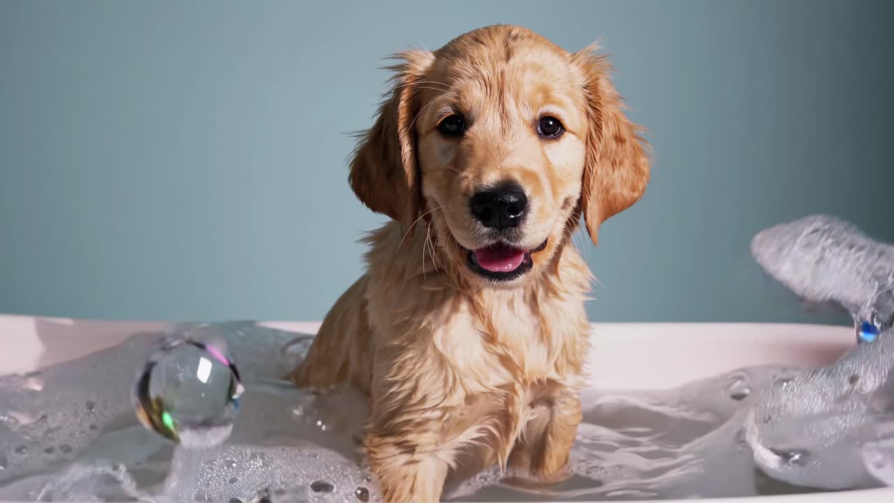 A playful puppy surrounded by bubbles in a bath. Captured at eye level, the video conveys a joyful
