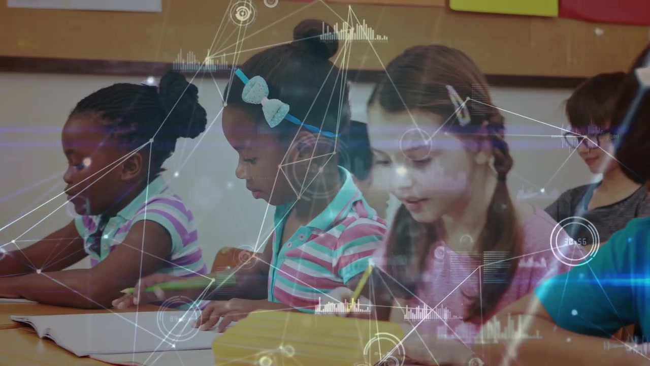 School Children Learning and Writing in Classroom with Digital Overlay