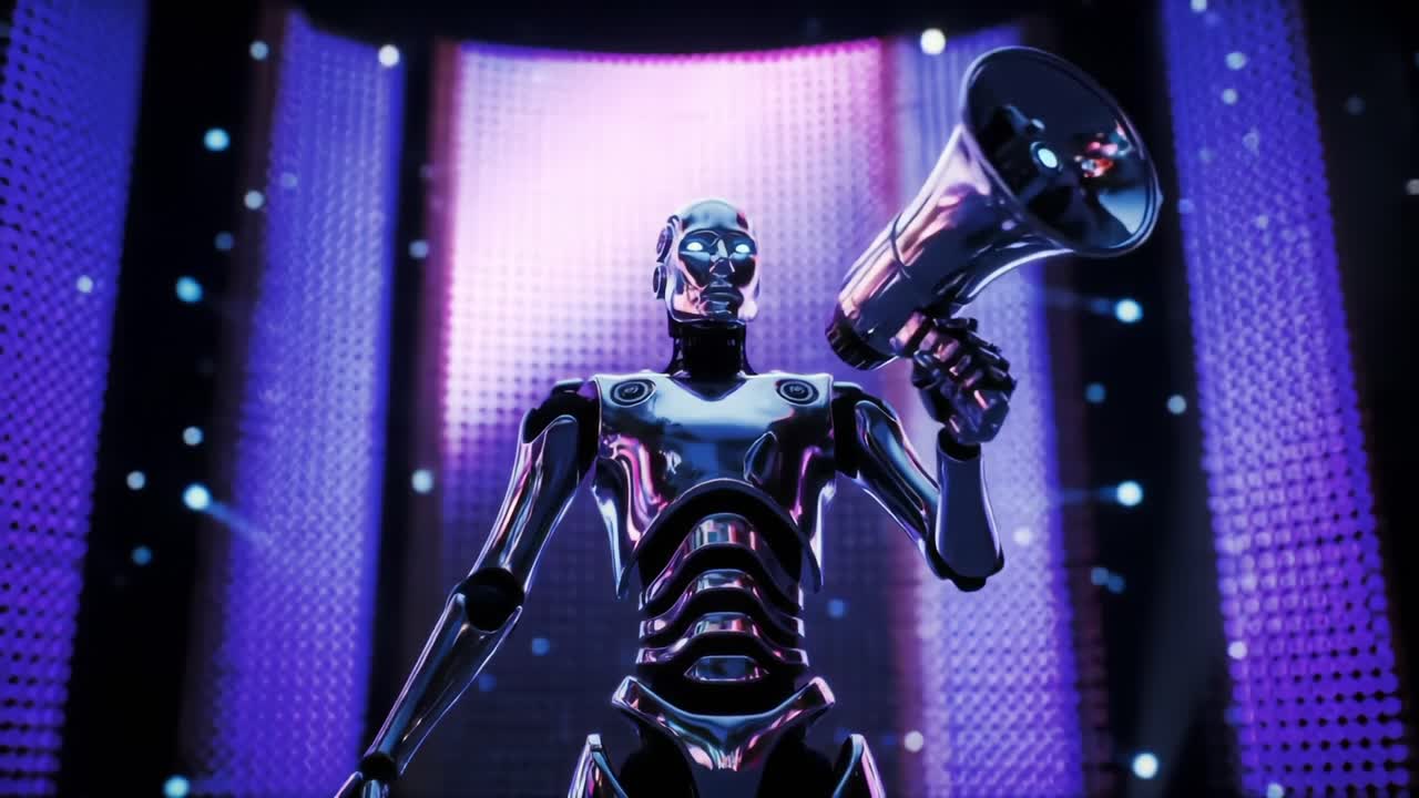 Futuristic Robot Holding a Megaphone in a High-Tech Environment, Symbolizing Communication and Innovation in Technology