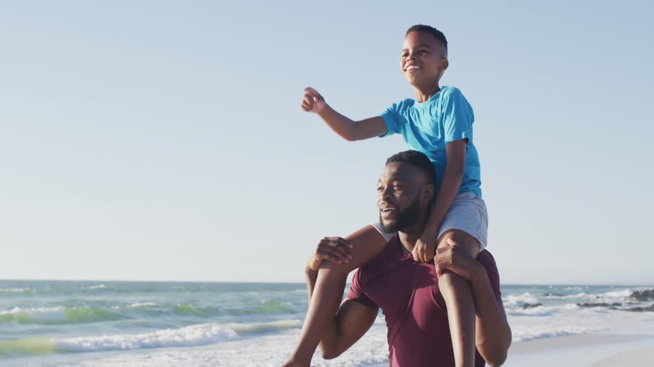 Video of happy african american father carrying son on arms and walking on beach
